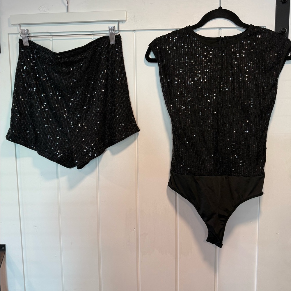 Black Sequin Bodysuit and Shorts Set